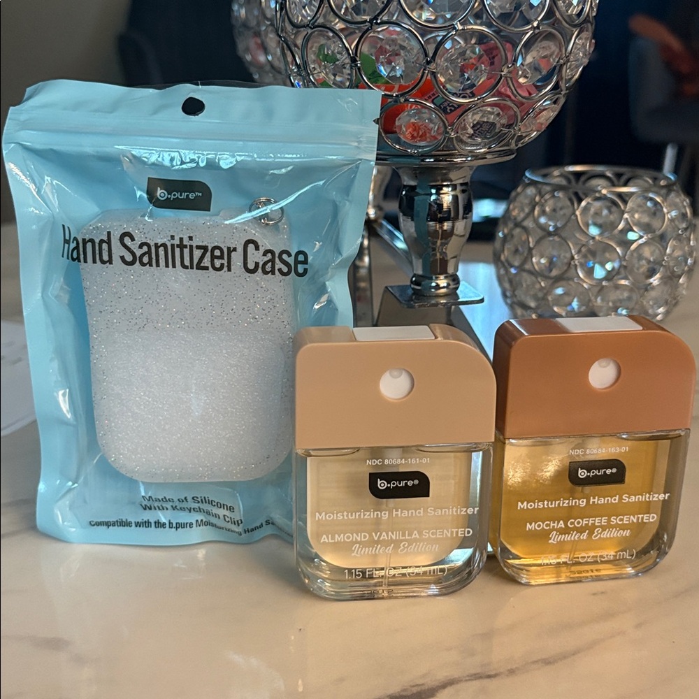 b- pure Almond vanilla & Mocha Coffee Hand Sanitzer with glitter holder.